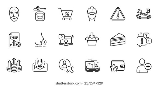 Outline set of Get box, Add user and Budget line icons for web application. Talk, information, delivery truck outline icon. Include Foreman, Online question, Metro icons. Vector
