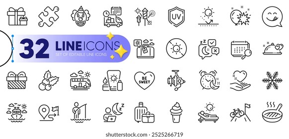 Outline set of Gift, Hold heart and Travel luggage line icons for web with Bus travel, Christmas holly, Puzzle thin icon. Surprise package, Snowflake, Uv protection pictogram icon. Vector