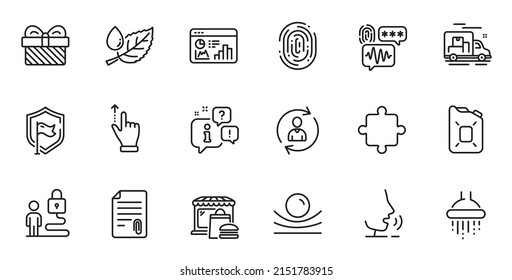 Outline set of Gift, Touchscreen gesture and Attachment line icons for web application. Talk, information, delivery truck outline icon. Include Elastic material, Food market, Lock icons. Vector