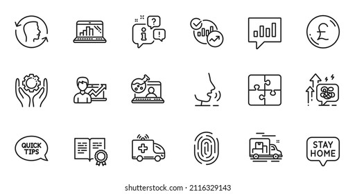 Outline set of Graph laptop, Stress grows and Face id line icons for web application. Talk, information, delivery truck outline icon. Include Employee hand, Certificate, Pound money icons. Vector