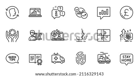 Outline set of Graph laptop, Stress grows and Face id line icons for web application. Talk, information, delivery truck outline icon. Include Employee hand, Certificate, Pound money icons. Vector