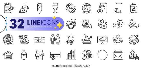 Outline set of Grilled steak, Metro subway and Fish line icons for web with Inflation, Skyscraper buildings, Megaphone checklist thin icon. Discounts chat, Restroom, Money pictogram icon. Vector