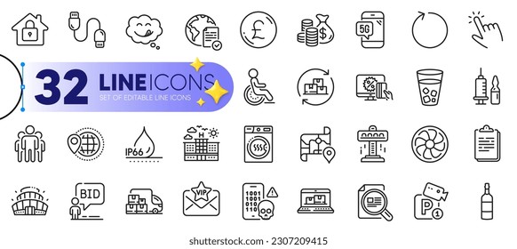 Vorstellung von Gruppen-, Arena-Stadion und Medical Impfline-Icons für Web-Inventar, Auktion, Fan-Engine dünnen Icon. Charging-Kabel, Hotel, Online-Piktogramm Symbol. Vektorgrafik