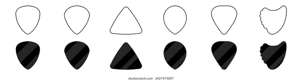 Outline set of guitar pick icons. Rock pick. Guitar sound vector. Set of different picks vector icons.