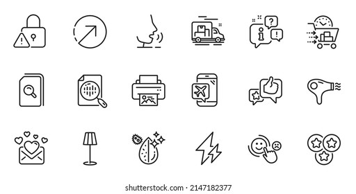 Outline set of Hair dryer, Dirty water and Search files line icons for web application. Talk, information, delivery truck outline icon. Include Direction, Food delivery, Electricity icons. Vector