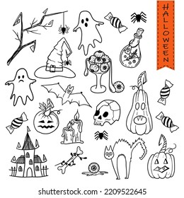 Outline set of Halloween elements. Doodle collections with witch's hat, pumpkins, cat, bat, ghosts, bone, house with ghosts, zombies eyes, skull and candy.