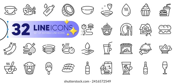 Outline set of Hamburger, Pasta and Espresso line icons for web with Water care, Food delivery, Overeating pills thin icon. Cupcake, Food order, Brandy bottle pictogram icon. Ice cream. Vector