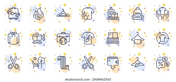 Outline set of Handbag size, Clean towel and Deckchair line icons for web app. Include Luggage, Wallet, Hoody pictogram icons. Baggage belt, Discounts chat, T-shirt design signs. Balcony. Vector