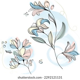 Outline. A set of hand-drawn floral, colourful, blooming, pink, blue and pastel flowers with stems and leaves. Design for presentations, decoration, poster, quotes, blogs, web, social networks.