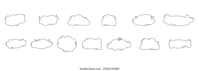 Outline set of hand-drawn, orange speech bubbles and cloud-shaped elements in various forms. Ideal for comic-style designs, dialogue boxes, or playful graphic accents.