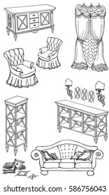 outline set hand-painted furniture in a classic style, shelf, chest of drawers, sofa,  armchair, lamps, pillows, curtain,  vector doodle in black lines white background 
