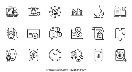 Outline set of Hdd, Fingerprint and 3d app line icons for web application. Talk, information, delivery truck outline icon. Include Chart, Time, Puzzle icons. Vector
