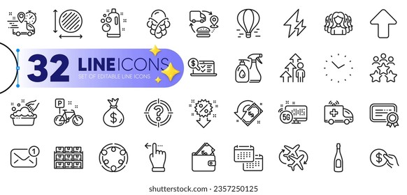 Outline set of Headhunter, New message and Supply chain line icons for web with 5g internet, Calendar, Ice cream thin icon. Express delivery, Clean bubbles, Electricity pictogram icon. Vector