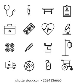  Outline set of health clinic and medical icons vector.