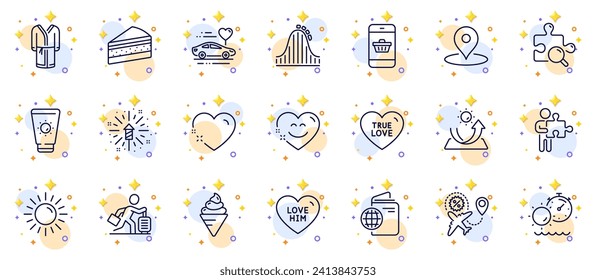 Outline set of Heart, Fireworks explosion and Pin line icons for web app. Include Search puzzle, Love him, Tanning time pictogram icons. Travel passport, Puzzle, Travel delay signs. Vector