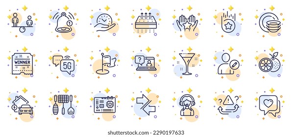 Outline set of Heart, Loyalty star and Orange line icons for web app. Include 5g internet, Motherboard, Ranking pictogram icons. Dishes, Edit user, Attention signs. Faq, Milestone, Synchronize. Vector