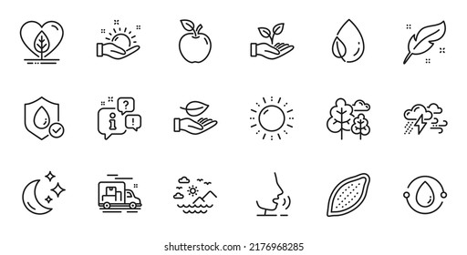 Outline set of Helping hand, Cocoa nut and Leaf line icons for web application. Talk, information, delivery truck outline icon. Include Moon, Sea mountains, Feather icons. Vector