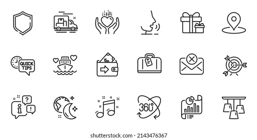 Outline set of Hold heart, Target and Reject mail line icons for web application. Talk, information, delivery truck outline icon. Include Full rotation, Hand baggage, Musical note icons. Vector