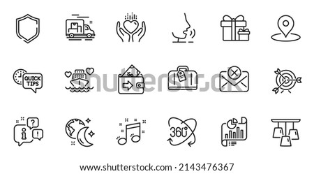 Outline set of Hold heart, Target and Reject mail line icons for web application. Talk, information, delivery truck outline icon. Include Full rotation, Hand baggage, Musical note icons. Vector