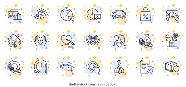 Outline set of Hold heart, Time and Calories line icons for web app. Include Money, Car, Social care pictogram icons. Shopping bag, Timer, Cobalt mineral signs. Hiring employees, Map, Gift. Vector