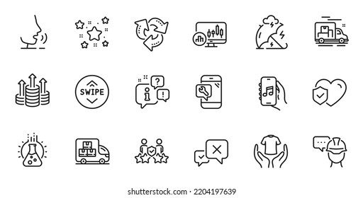 Outline Set Of Hold T-shirt, Budget And Reject Line Icons For Web Application. Talk, Information, Delivery Truck Outline Icon. Include Stress Protection, Stars, Phone Repair Icons. Vector