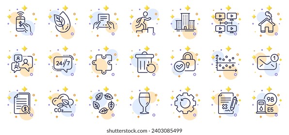 Outline set of Home, 24h service and University campus line icons for web app. Include Dot plot, Leader run, Video conference pictogram icons. Organic tested, Support chat, Reject file signs. Vector