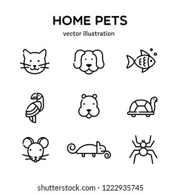 Outline set of home pets, colorful icons for pet shop, veterinary clinic, pet store, zoo, shelter. Flat style design, vector illustration.