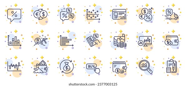 Outline set of Horizontal chart, Buy button and Accounting line icons for web app. Include Launder money, Change money, Wallet pictogram icons. Data analysis, Web report, Treasure map signs. Vector