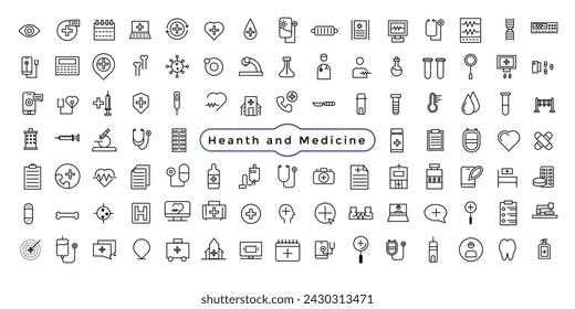 Umrisssatz von Krankenhauslinien-Symbolen. Dünne Linien-Icon-Set, Medizin- und Gesundheitssymbole, Vektor-Sammlung.