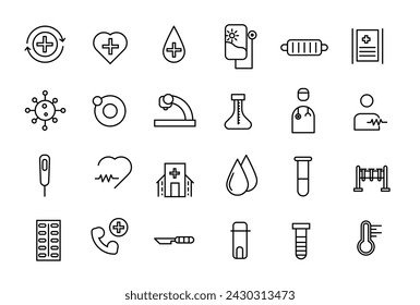 Outline set of hospital line icons. Thin lines icon set, medicine and health symbols, vector collection.