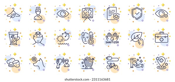 Outline set of Hospital, Stress and Slow fashion line icons for web app. Include Doctor, Washing hands, Shield pictogram icons. Electric bike, Fever, Veterinary clinic signs. Vector