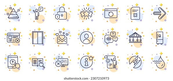 Outline set of Hydroelectricity, Swipe up and Lift line icons for web app. Include Electric energy, Next, Reject web pictogram icons. Reject access, Star, Lock signs. Refrigerator. Vector