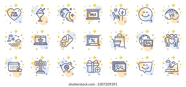 Conjunto de esquemas de iconos de la línea de caras Ice crema, mercado y sonrisa para la aplicación web. Incluya la contabilidad, la venta de cerdo, iconos del pictograma de suspensión. Carta de amor, charla sonriente, carteles de tumbona. Foto web. Vector