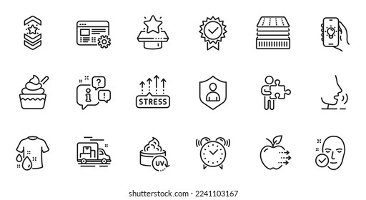 Outline set of Ice cream, Puzzle and Food delivery line icons for web application. Talk, information, delivery truck outline icon. Include Web settings, Security, Wash t-shirt icons. Vector