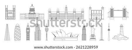 Outline set of iconic architectural landmarks from USA, UK, Canada, and Australia skyscrapers, towers, bridges, cultural sites. Highlights modern and historic architecture line vector illustration.