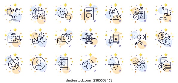 Outline set of Idea, Like and Currency exchange line icons for web app. Include Inventory cart, Rating stars, Cloud sync pictogram icons. Phone payment, Snowflake, Headshot signs. Vector