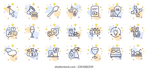 Outline set of Idea, Music and Security lock line icons for web app. Include Voicemail, Check investment, Electric bike pictogram icons. Cursor, Glass, Pillows signs. Petrol station. Vector