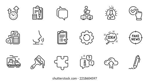 Outline set of Idea, Time management and Bill accounting line icons for web application. Talk, information, delivery truck outline icon. Include Puzzle, Accounting, Brush icons. Vector