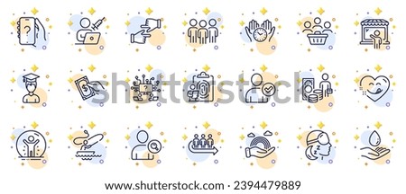 Outline set of Identity confirmed, Group and Lgbt line icons for web app. Include Water care, Safe time, Yummy smile pictogram icons. Fingerprint, Boat fishing, Pay money signs. Vector