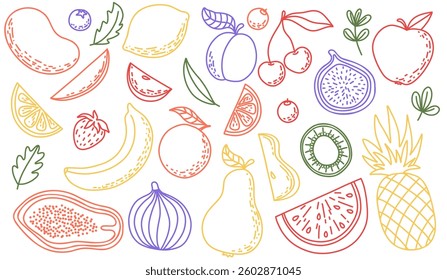 Outline set of illustrations with various  fruits and berries. Line fruits. Vector flat illustrations. Pineapple, Watermelon, Banana, Fig, Pear, Apple, Cherry, Orange, Lemon, Mango

