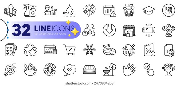 Outline set of Inflation, Reject certificate and Target line icons for web with Calendar, Frying pan, Vitamin b6 thin icon. Fan engine, Approved, Petrol canister pictogram icon. Vector