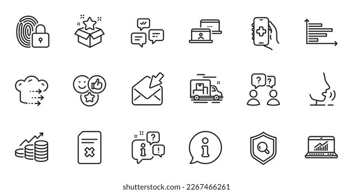 Outline set of Info, Inspect and Chat messages line icons for web application. Talk, information, delivery truck outline icon. Include Delete file, Like, Loyalty program icons. Vector