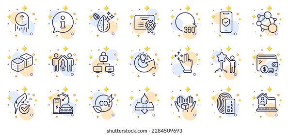 Outline set of Info, Integrity and Dirty water line icons for web app. Include Card, Swipe up, Partnership pictogram icons. Charging station, Co2 gas, 360 degrees signs. Circles with 3d stars. Vector