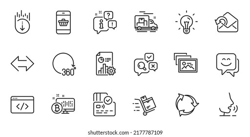 Outline set of Inspect, 360 degrees and Photo album line icons for web application. Talk, information, delivery truck outline icon. Include Smile face, Recycle, Card icons. Vector