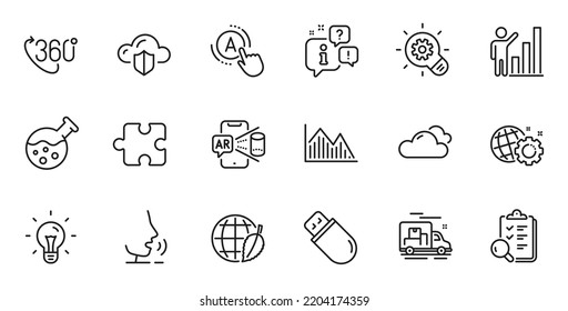Outline set of Inspect, Augmented reality and Environment day line icons for web application. Talk, information, delivery truck outline icon. Vector - Shutterstock ID 2204174359