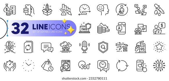 Outline set of Inspect, Bitcoin project and Business person line icons for web with Startup, Money, Floor plan thin icon. Clock, Info, Heart rating pictogram icon. Good mood, Timer, Deflation. Vector
