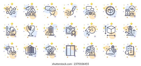 Outline set of Inspect, Excise duty and Realtor line icons for web app. Include Lift, Charging time, Box size pictogram icons. Working process, Building, Certificate signs. Vector