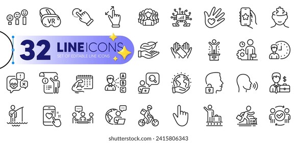 Outline set of Inspect, Fitness calendar and Touchscreen gesture line icons for web with Employee, Luggage belt, Fisherman thin icon. Manual doc, Vr, Unlock system pictogram icon. Vector