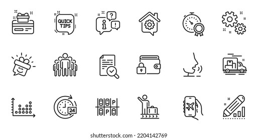 Outline set of Inspect, Quick tips and Smile line icons for web application. Talk, information, delivery truck outline icon. Include Parking place, Luggage belt, 24h delivery icons. Vector
