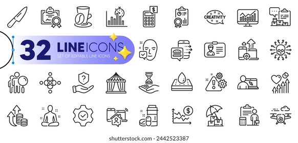 Outline set of Inspect, Report timer and Waterproof mattress line icons for web with Heart beat, Face accepted, Inflation thin icon. Inventory report, Circus tent, Warning pictogram icon. Vector